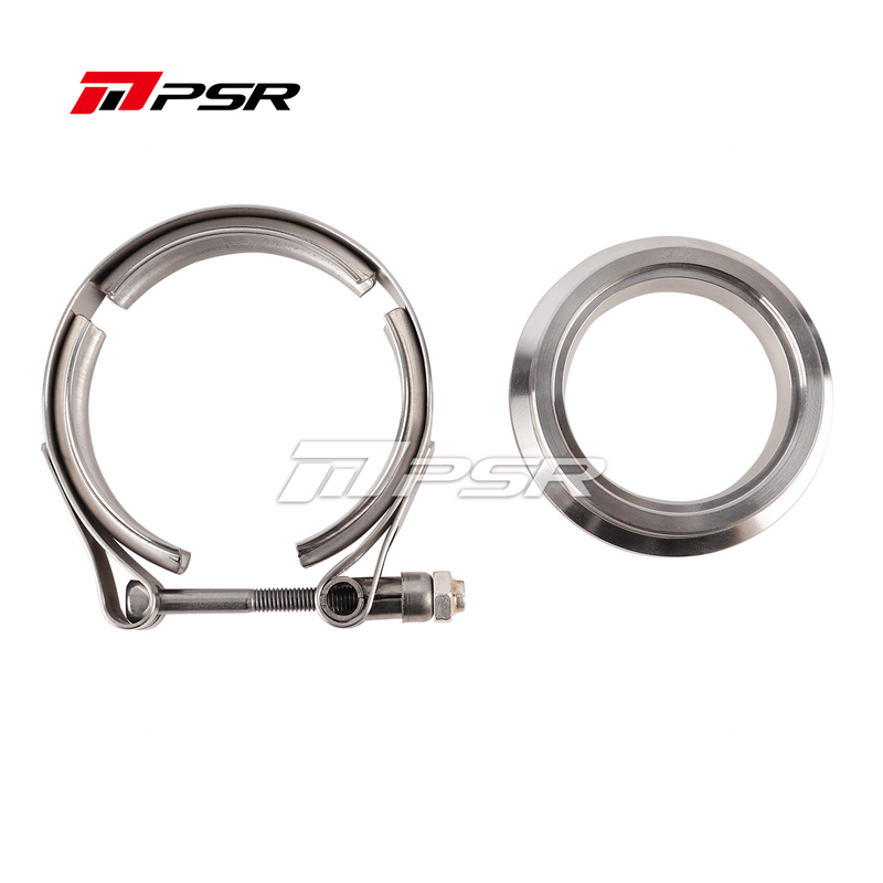 A metal flange kit including one flange and one clamp, and a valve seat, predominantly silver in color.