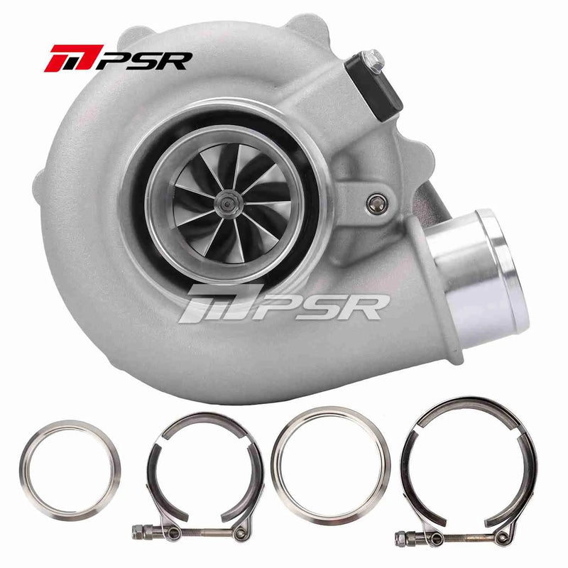 A Pulsar brand turbocharger with model details visible, accompanied by metal clamps. The turbocharger is silver-colored, featuring a compressor wheel and turbine inlet connections.