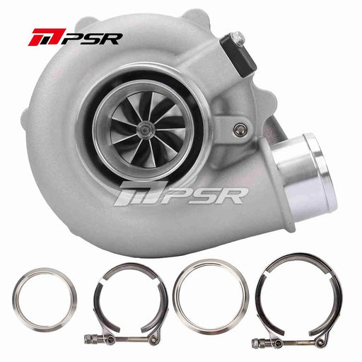 A Pulsar Turbos product image featuring a silver single turbocharger with a few metal accessories, including clamps and a hose.