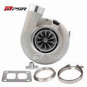 A Pulsar Turbos branded silver turbocharger with dual ball bearings, including an inlet flange and clamp, and an outlet flange and clamp.