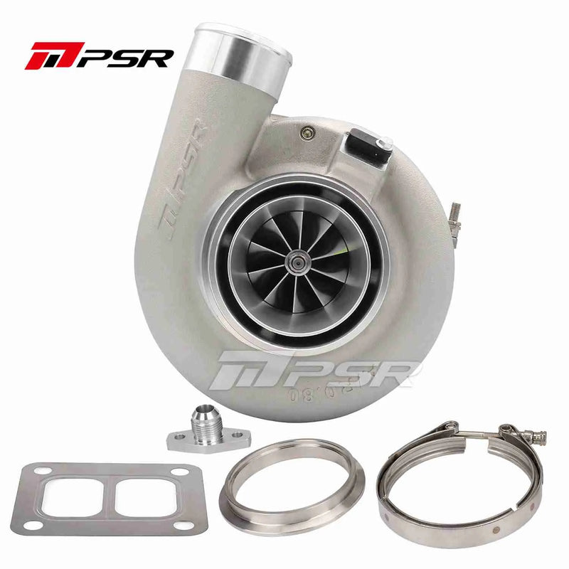 A Pulsar Turbos branded silver turbocharger with dual ball bearings, including an inlet flange and clamp, and an outlet flange and clamp.