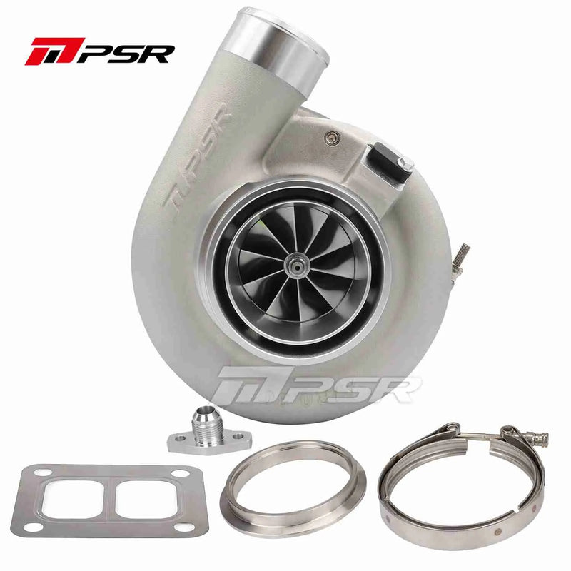 A Pulsar Turbos branded silver and gray turbocharger with a compressor wheel, including mounting flanges and clamp, intended for use in a vehicle.