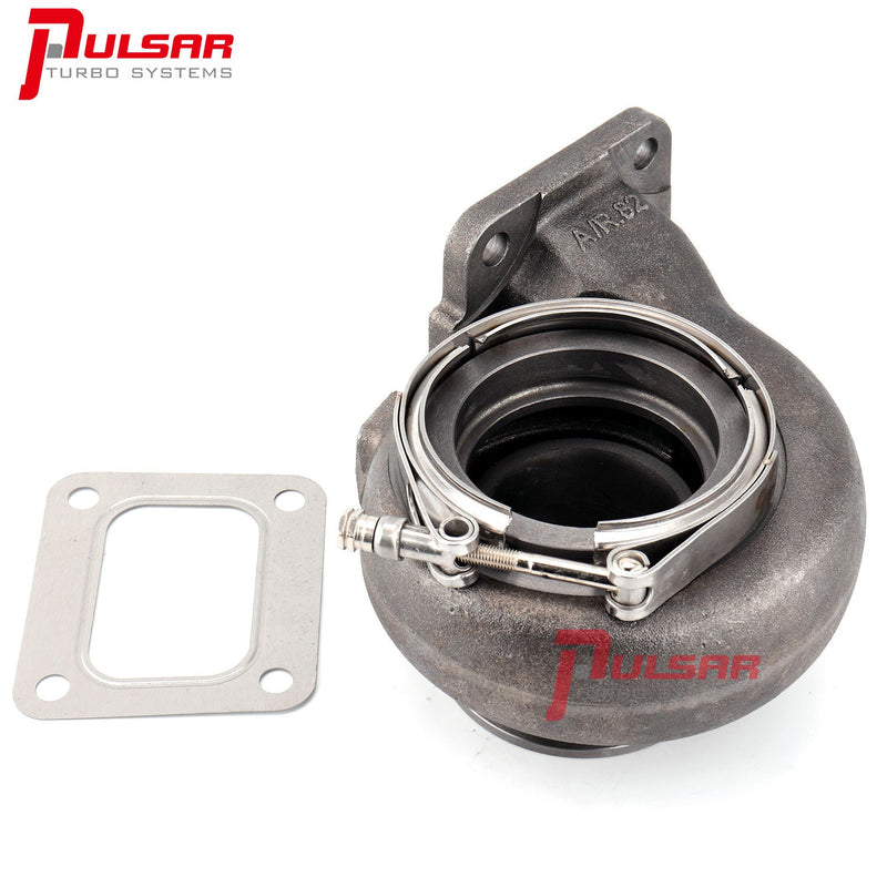 A Pulsar Turbos product, PTG35 T4 0.82A/R Turbine Housing, with a gasket and clamp on a white background.