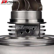 A Pulsar Turbos dual ball bearing turbocharger with a silver and black color scheme. 