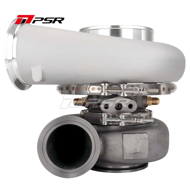 A Pulsar Turbos brand turbocharger with a silver compressor wheel and inlet shroud.