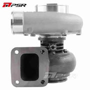A Pulsar PTE 6766 ball bearing turbocharger with a silver finish, showing the compressor side with the billet compressor wheel and the V-band flange.