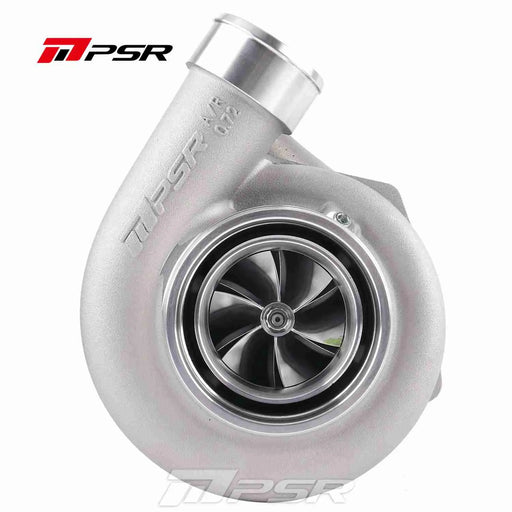A Pulsar PTE 6766 ball bearing turbocharger with a silver finish, showing the compressor side with the billet compressor wheel and the V-band flange.