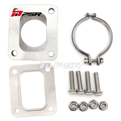 A set of stainless steel Pulsar Turbos V-Band to T4 Adapter components, including flanges, bolts, and a clamp
