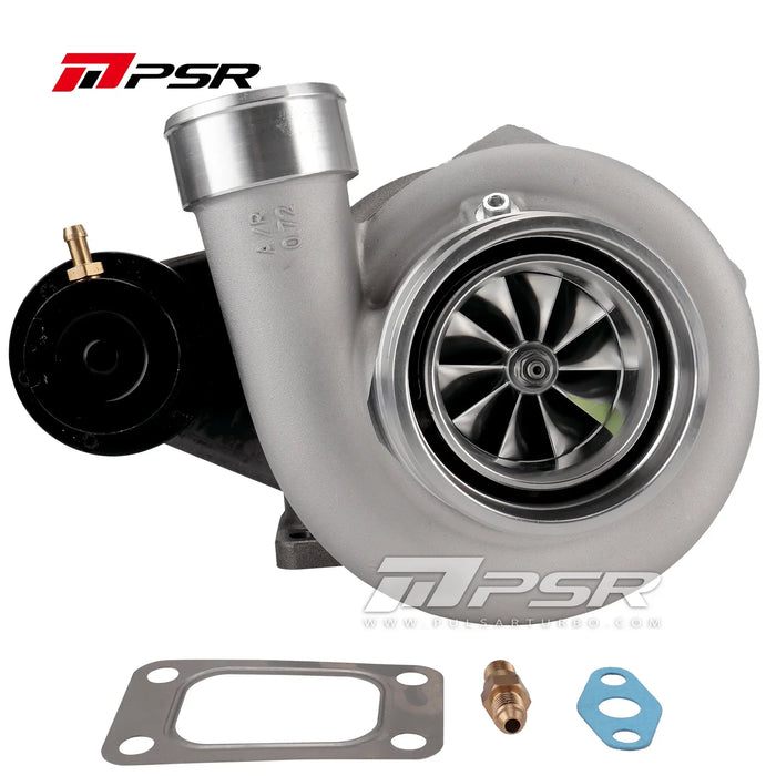 A Pulsar Turbos brand turbocharger for Ford Falcon XR6 FG & FGX, including a metal body, a black and silver color scheme, with various components like manifolds and gaskets.