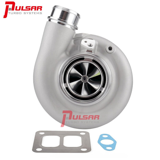 A Pulsar brand turbocharger with a silver finish, including parts such as a compressor cover and gasket, displayed on a white background.