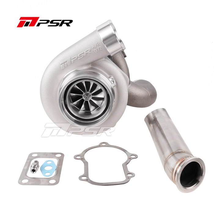 A Pulsar brand turbocharger with model details visible, including the compressor wheel, turbine wheel, and external wastegate components. The turbocharger is primarily silver in color.