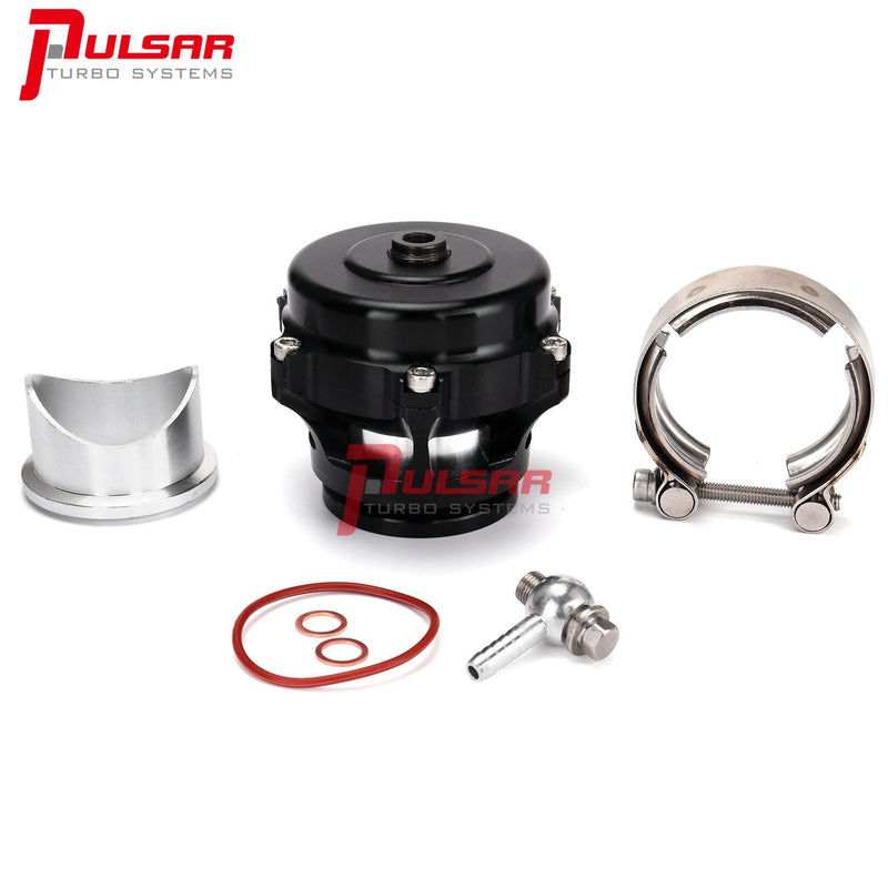 A Pulsar brand 50mm blow-off valve kit, including the main unit, a pre-installed spring, an aluminum weld flange, a Vband clamp, an O-ring, and a fitting kit with bolts and gaskets, primarily in black, silver, and stainless steel colors.