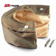 A Pulsar Turbos branded turbo blanket designed to cover a turbocharger, primarily made of metal with a rock-like appearance, displayed alongside metal components presumably for attachment or installation.