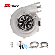 A Pulsar 6862G 1050HP 68mm Dual Ball Bearing Turbo with various components displayed, including hoses and metal parts.