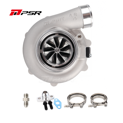 A Pulsar 6862G 1050HP 68mm Dual Ball Bearing Turbo with various components displayed, including hoses and metal parts.