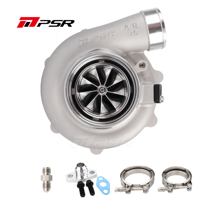 A Pulsar 6862G 1050HP 68mm Dual Ball Bearing Turbo with various components displayed, including hoses and metal parts.