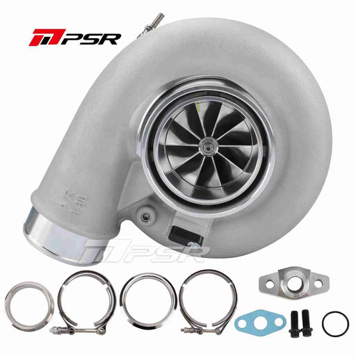 A Pulsar brand turbocharger with various components including metal brackets and a hose connection point, primarily in a silver color.