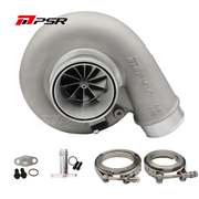 A Pulsar Turbos 7375G Compact 1200HP 73mm Dual Ball Bearing Turbo with various components including inlet and outlet flanges, shown in metallic color.