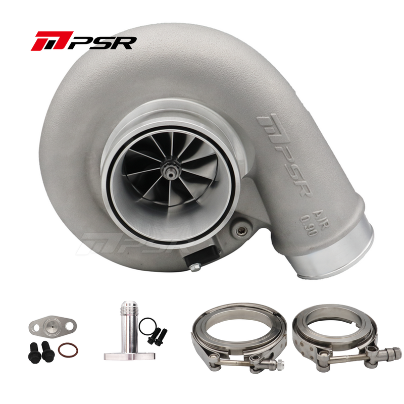 A Pulsar Turbos 7375G Compact 1200HP 73mm Dual Ball Bearing Turbo with various components including inlet and outlet flanges, shown in metallic color.