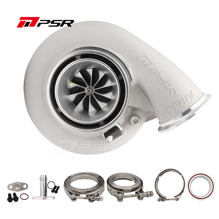 An image showing the Pulsar Turbos - PSR Class Legal 6275G Dual Ball Bearing Turbocharger, including the turbocharger itself along with various mounting hardware such as hoses and clamps.