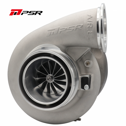 An image of the Pulsar Turbos PSR 7782G 1500HP 77mm Dual Ball Bearing Turbo, showcasing its metallic exterior with integrated fittings and compressor wheel visible.
