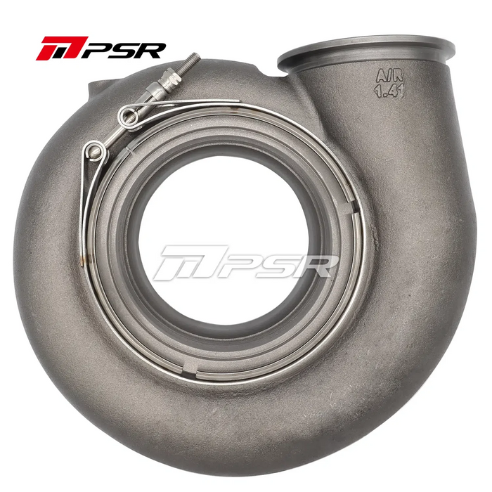A new aftermarket turbine housing for Pulsar Turbos, featuring a black metallic finish with the brand's logo on it.