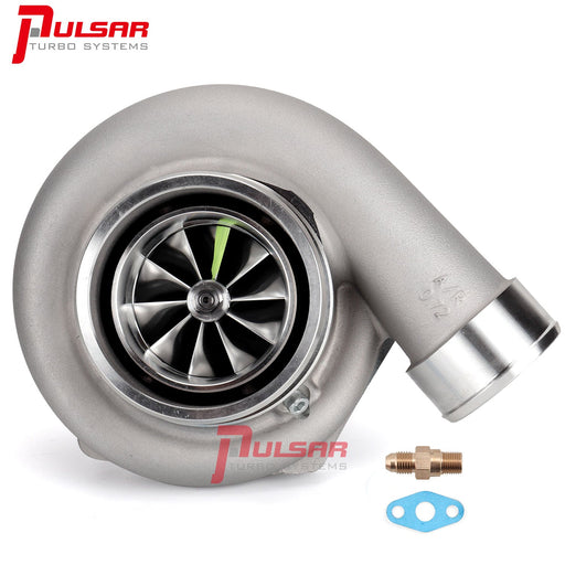 A Pulsar brand turbocharger with a silver finish, showing the compressor side, the billet compressor wheel, and the ball bearing system.