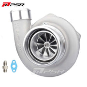 A Pulsar Turbos product, featuring a silver turbocharger with a compressor wheel visible in the center. The product also includes metal fittings as part of the assembly.