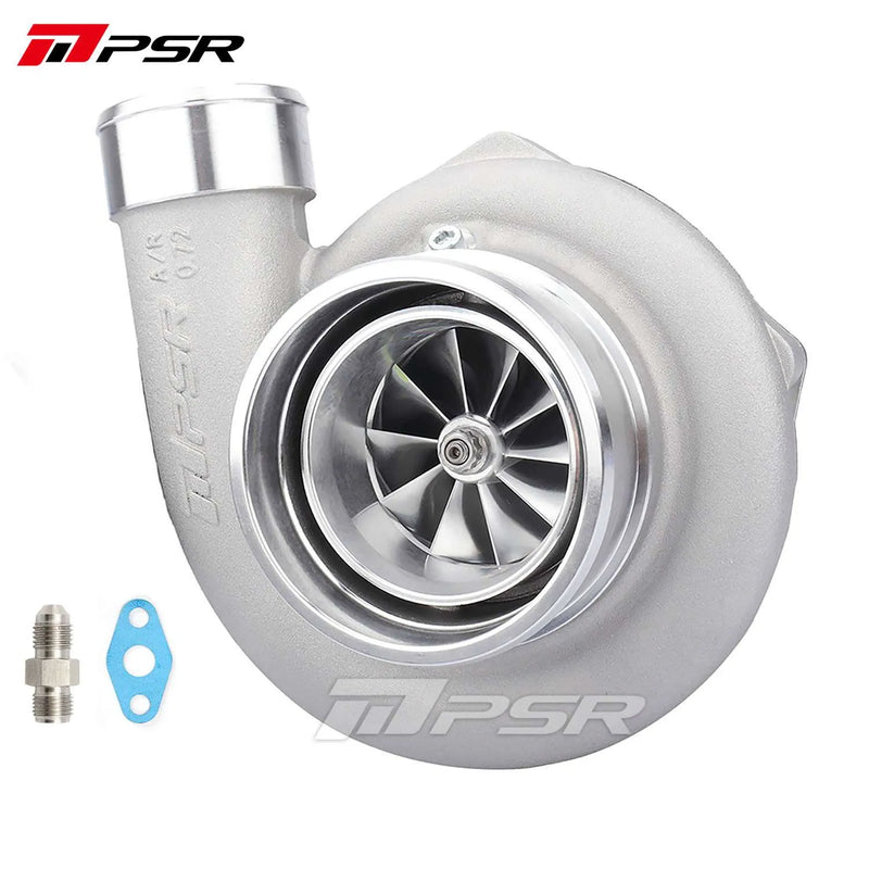 A Pulsar Turbos product, featuring a silver turbocharger with a compressor wheel visible in the center. The product also includes metal fittings as part of the assembly.