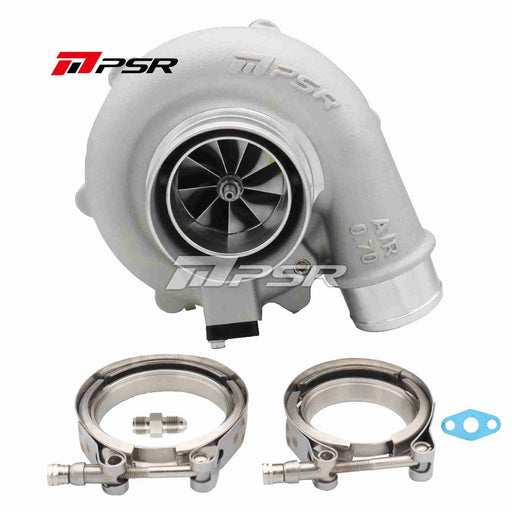 A Pulsar brand turbocharger with dual ball bearings, including two V-band flanges and clamps for installation.