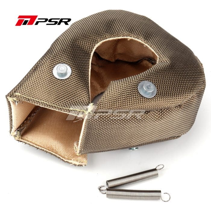 A Pulsar Turbos branded turbo blanket designed to cover a turbocharger, primarily made of metal with a rock-like appearance, displayed alongside metal components presumably for attachment or installation.