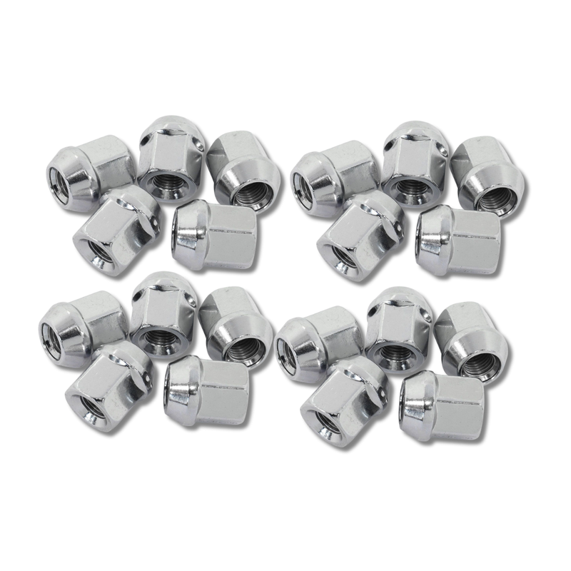 Set of chrome metal valve stem caps on a white background