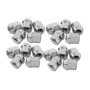 Set of chrome metal valve stem caps on a white background