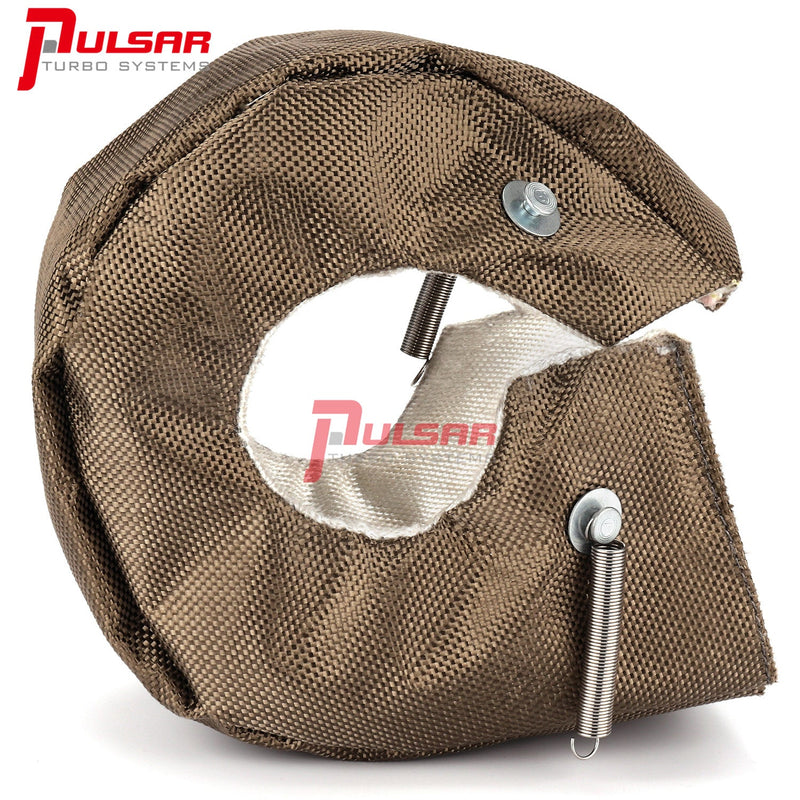 A Pulsar Turbos branded turbo blanket designed to cover a turbocharger, primarily made of metal with a rock-like appearance, displayed alongside metal components presumably for attachment or installation.