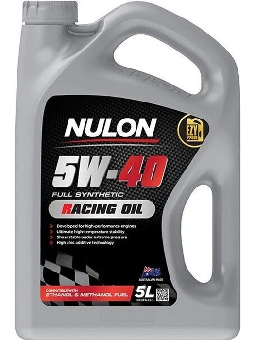 A 5-liter container of NULON 5W-40 Full Synthetic Racing Oil with branding and product information printed on the label.