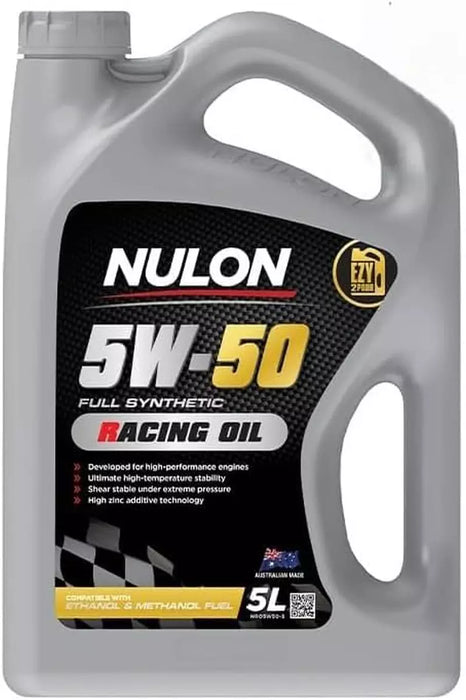 A 5-liter container of NULON 5W-50 Full Synthetic Racing Oil