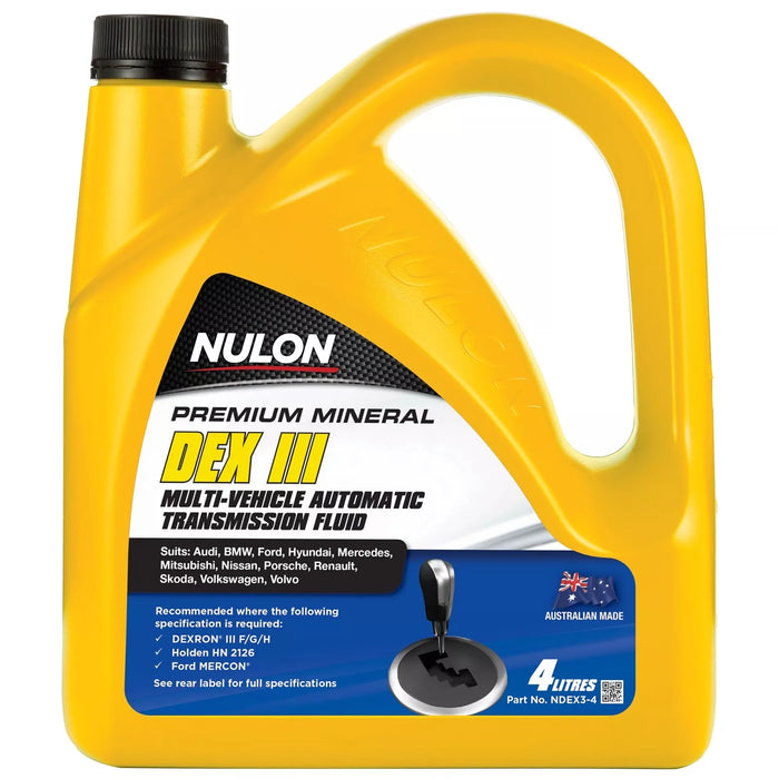 A yellow plastic container of NULON DEX III Multi-Vehicle Transmission Fluid with label and cap visible.