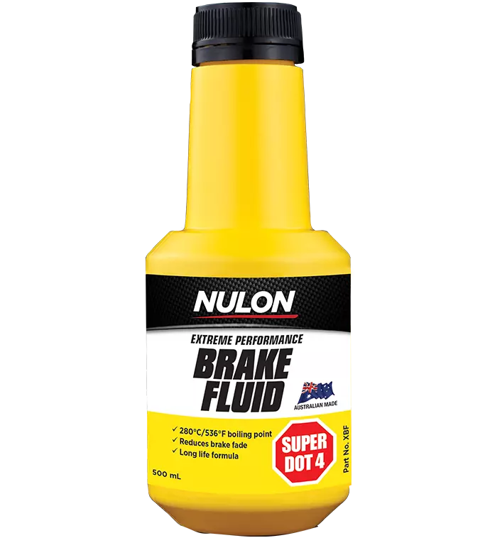 A bottle of NULON EXTREME PERFORMANCE BRAKE FLUID DOT4 with yellow and black label.