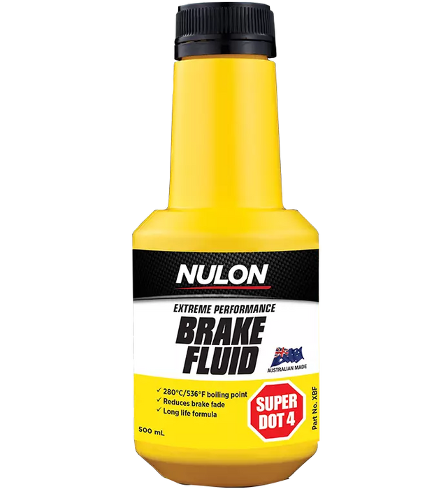 A bottle of NULON EXTREME PERFORMANCE BRAKE FLUID DOT4 with yellow and black label.