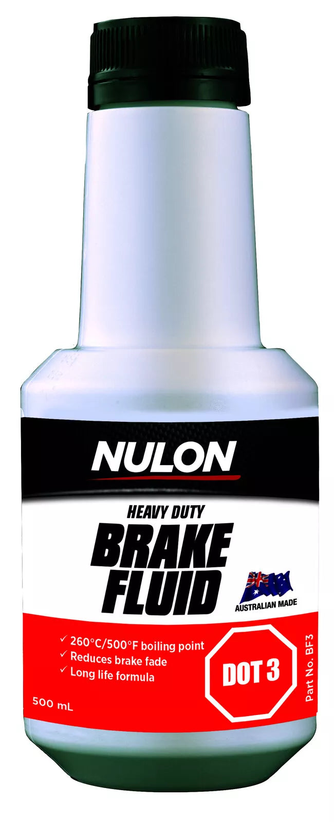 A bottle of NULON Heavy Duty Brake Fluid DOT 3 in a 500ml container.