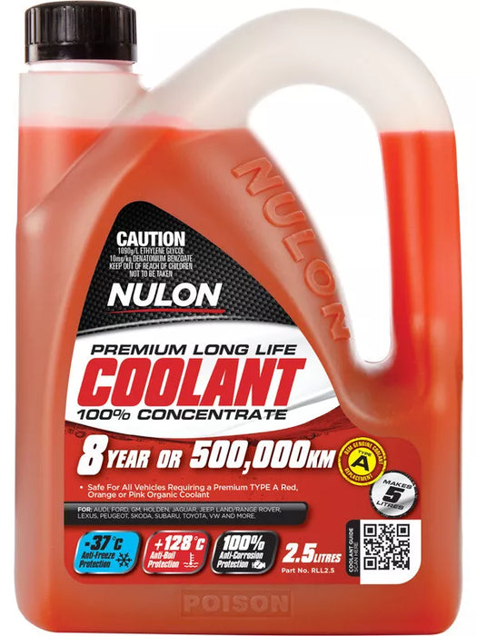 A bottle of NULON Premium Long Life Coolant Red 100% Concentrate RLL5. The coolant is in a red plastic container with a black cap, labeled for engine temperature control and corrosion protection.