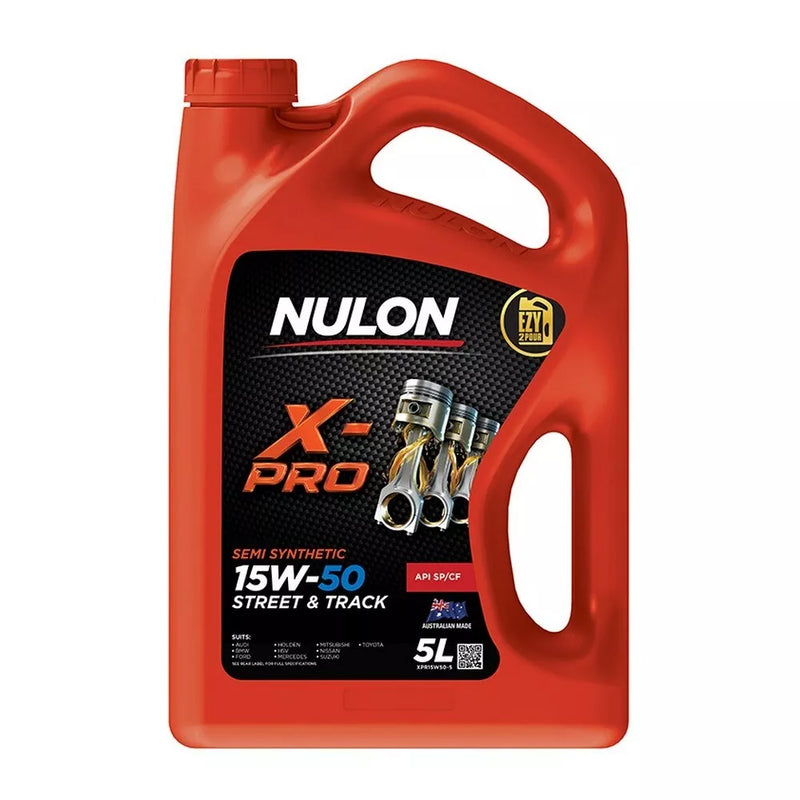 A red plastic container of NULON X-PRO Semi-Synthetic 15W-50 engine oil with branding and product information printed on the label.