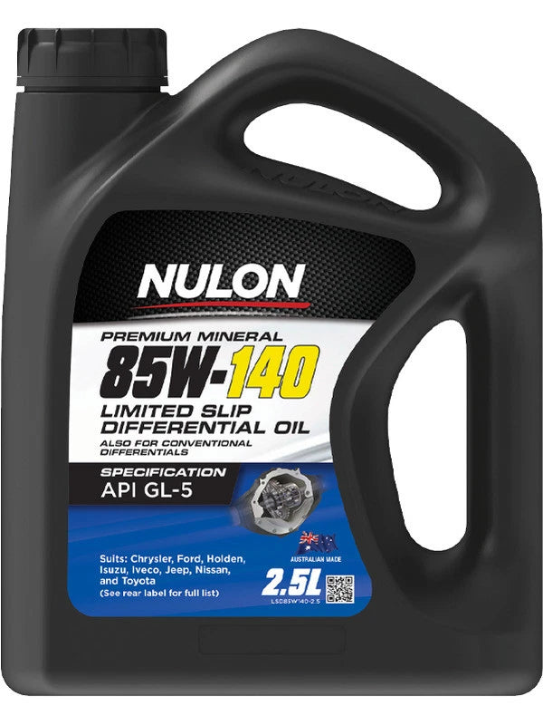 A black plastic container of NULON Premium Mineral 85W-140 Limited Slip Differential Oil with blue and white label.
