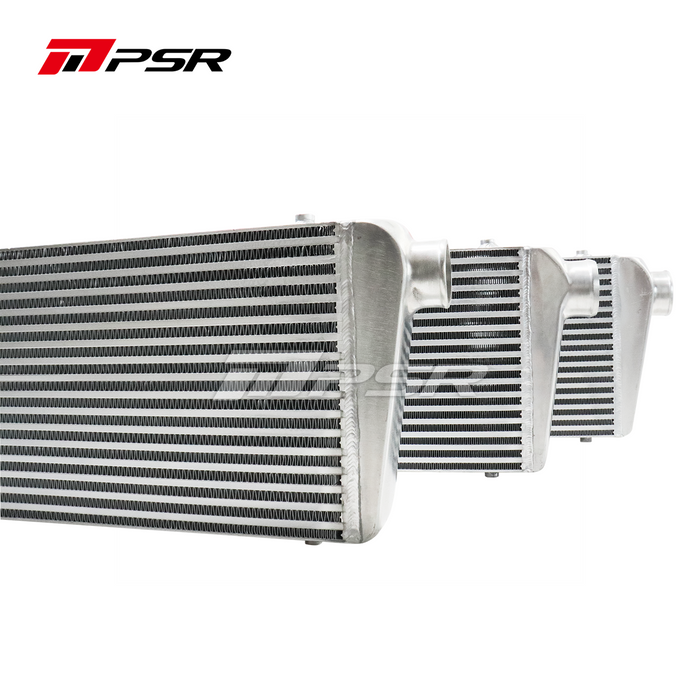 A set of Pulsar Turbos universal performance intercoolers with bar and plate design, featuring high-quality TIG welded ends and mounting bosses.