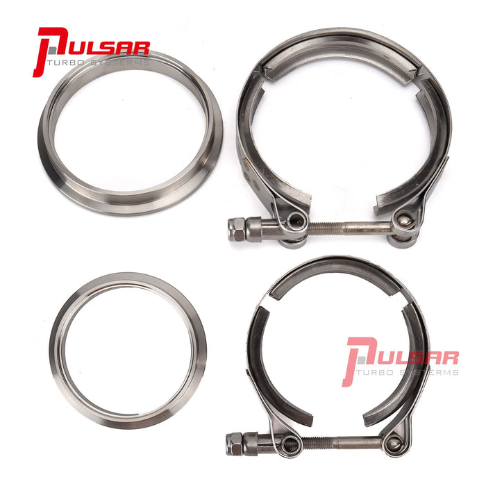 A set of stainless steel V-band flange and clamp kit components from Pulsar Turbos, including two clamps and two flanges.