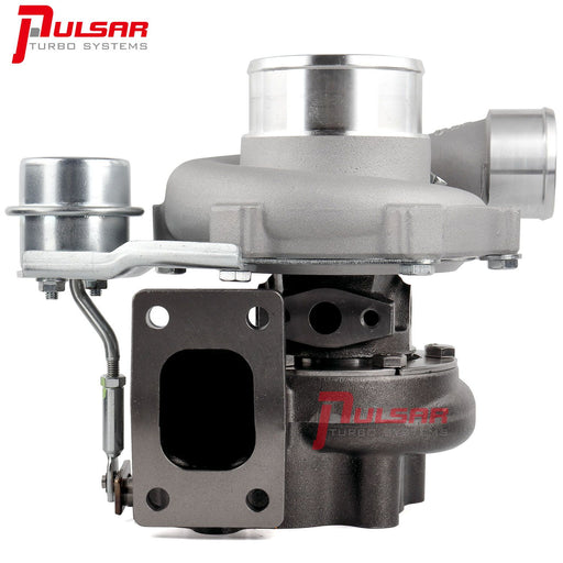 A Pulsar Turbos brand turbocharger with model number PSR2860R GEN 2, displayed along with metal components such as gaskets and a copper fitting. The turbocharger has a silver color with the Pulsar Turbos logo in red.