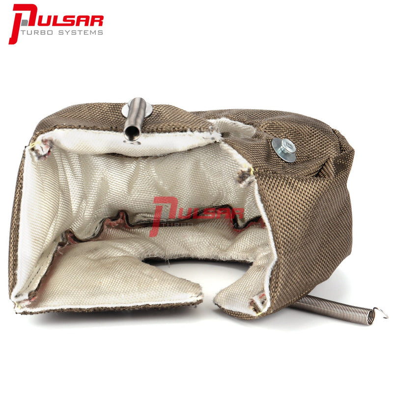 A Pulsar Turbos branded turbo blanket designed to cover a turbocharger, primarily made of metal with a rock-like appearance, displayed alongside metal components presumably for attachment or installation.