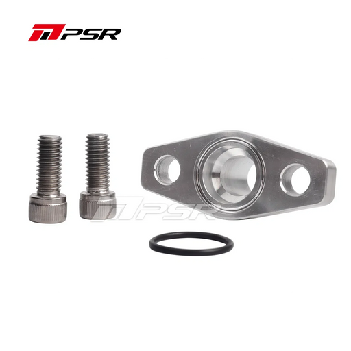 An image showing the Pulsar Turbos -12 AN Oil Drain Flange Kit, including a silver billet aluminum oil drain flange, an O-Ring seal, and two bolts.