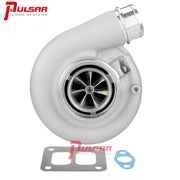 A Pulsar brand turbocharger with a white compressor cover, metal components visible, and accompanied by a gasket and blue washer.