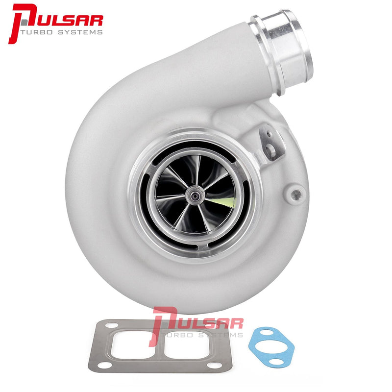 A Pulsar brand turbocharger with a white compressor cover, metal components visible, and accompanied by a gasket and blue washer.